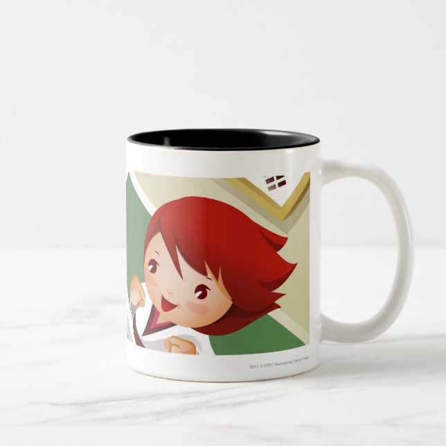 Karate boy holding wood with another breaking it Two-Tone coffee mug (Right)