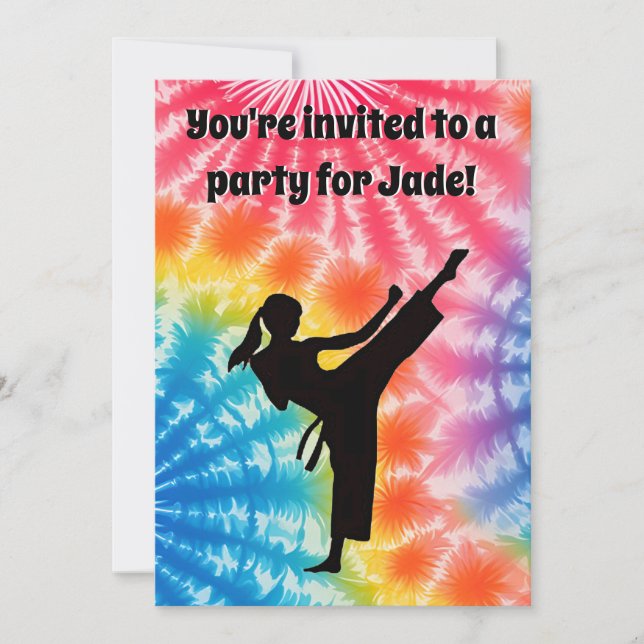 Karate Girl Birthday Party Tie-Dye Rainbow Invitation (Front)