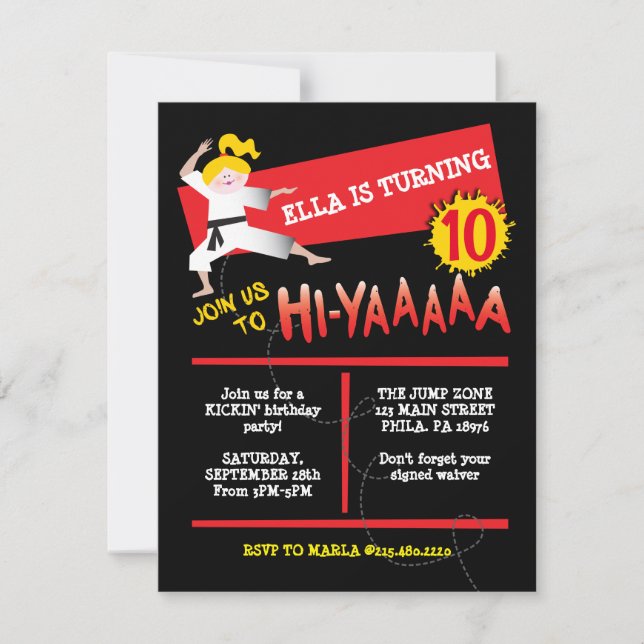 Karate Girl Kick Red Birthday Party Invitation (Front)