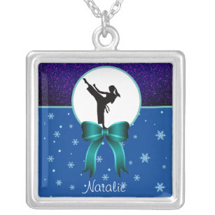 Karate Girls Glitter and Bow Snowflake   Silver Plated Necklace