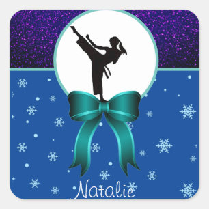 Karate Girls Glitter and Bow Snowflake Square Sticker