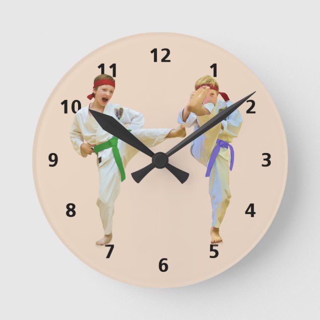 Karate Kicking, Customizable Round Clock (Front)