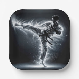 Karate Man With Neon Energy Light Trails Paper Plate