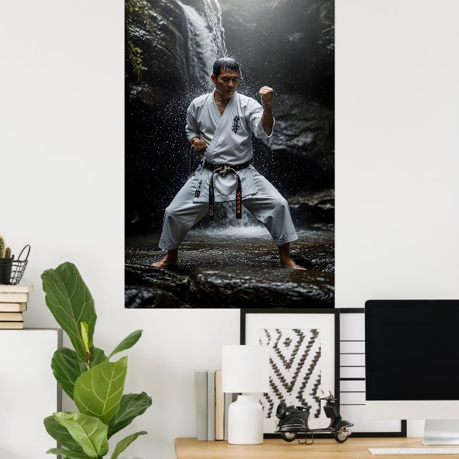 Karate Master Performing Kata Under Waterfall Poster (Home Office)