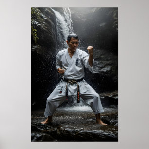 Karate Master Performing Kata Under Waterfall Poster