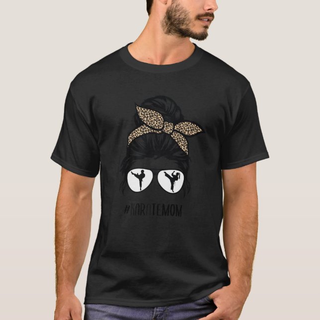 Karate Mom Leopard Messy Bun Hair Glasses T-Shirt (Front)