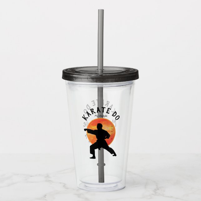 Karate Silhouette Name Personalized Modern Black Acrylic Tumbler (Front)