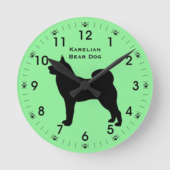Karelian Bear Dog Silhouette Personalized Round Clock (Front)