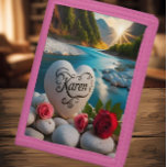 Karen's Heart stone River Sunset Trifold Wallet<br><div class="desc">A white heart-shaped stone with the name Karen inscribed on it sits on river rocks near a flowing river and a sunset.</div>
