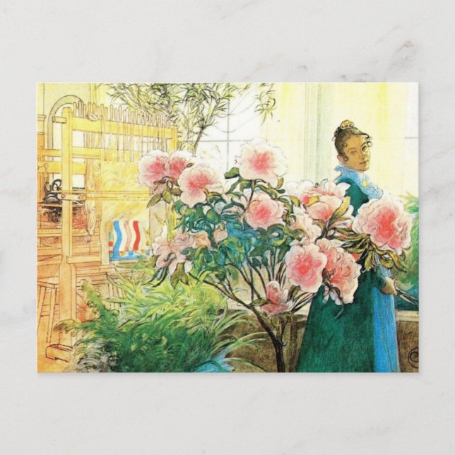 Karin with Pink Flowers and Her Loom Postcard (Front)