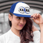 Karma - What Goes Around Comes Back Around (v1) Trucker Hat<br><div class="desc">Karma - What Goes Around Comes Back Around (v1) Trucker Hat. The artistic design exhibits the word "KARMA" within two never ending circles with "WHAT GOES AROUND" and "COMES BACK AROUND" curved to form sections of the circles. The two colours can be changed to your desired preference by editing the...</div>