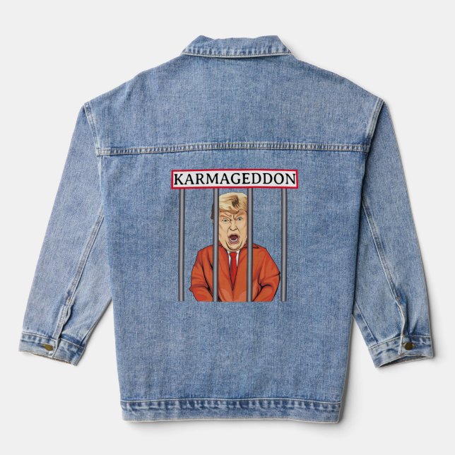KARMAGEDDON: Trump in Prison Orange Jumpsuit Funny Denim Jacket (Back)