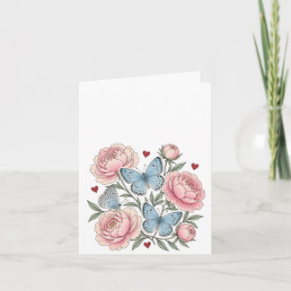 Karner Blue Butterflies, Red Hearts, Pink Flowers Invitation