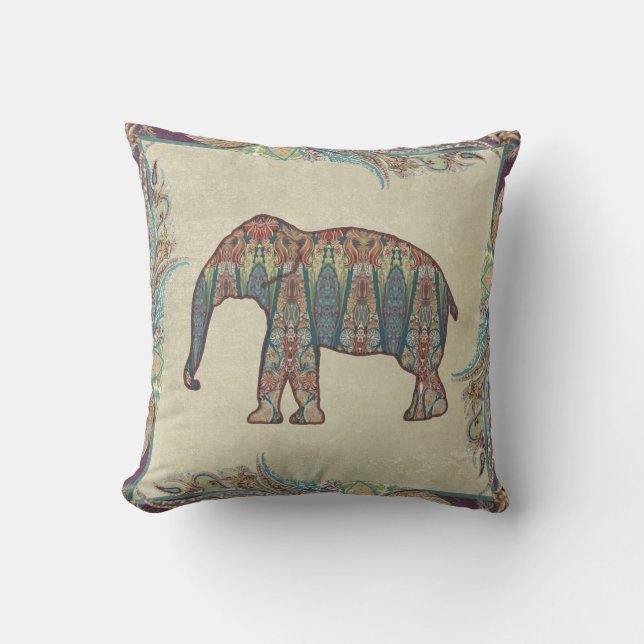 Kashmir Vintage Tribal Paisley Elephant Pattern Throw Pillow (Front)