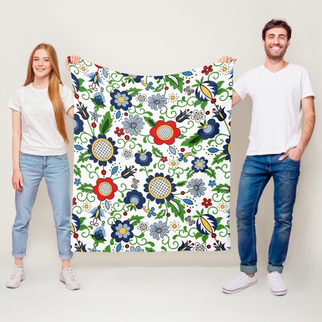Kashubian folk flowers pattern fleece blanket (In Situ)