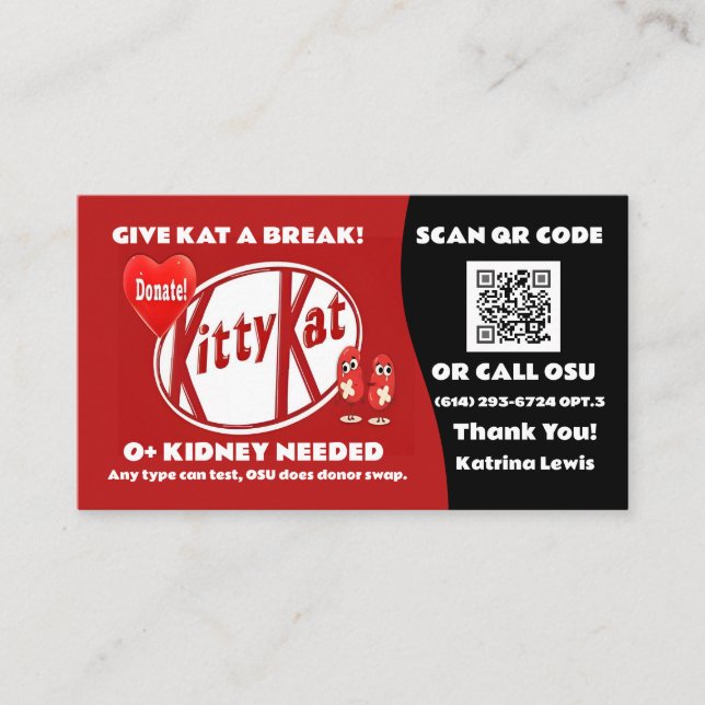 Kat Needs Kidney Business Card (Front)