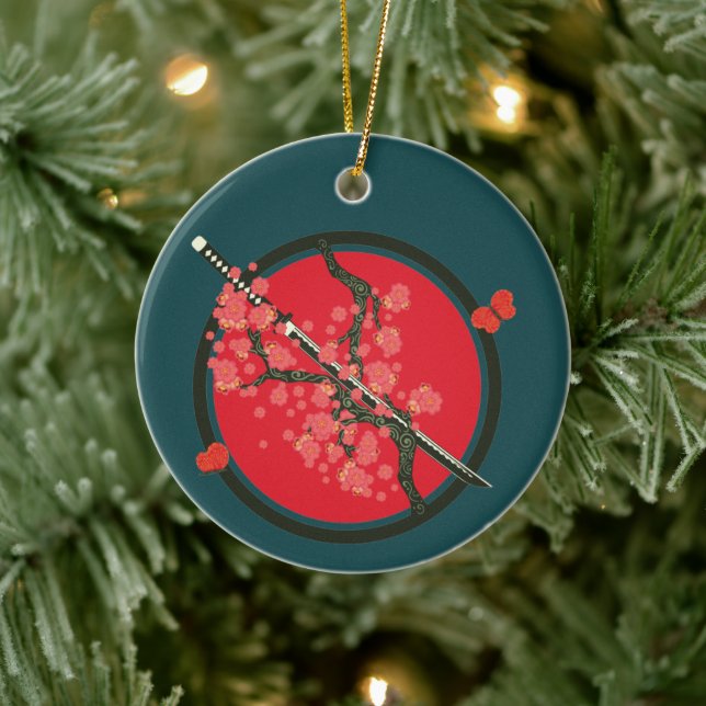 Katana and red flowers on branch ceramic ornament (Tree)