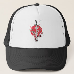 Katana cherry blossom fox mask trucker hat