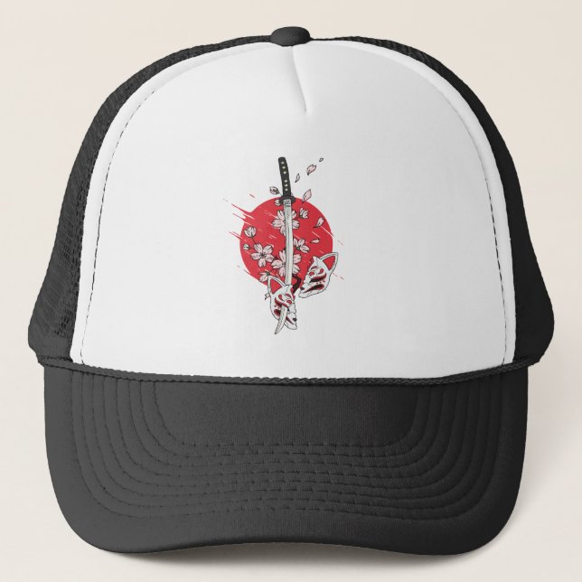 Katana cherry blossom fox mask trucker hat (Front)