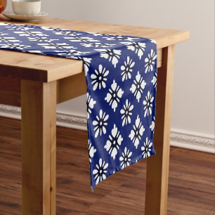Katazome white flowers on indigo short table runner
