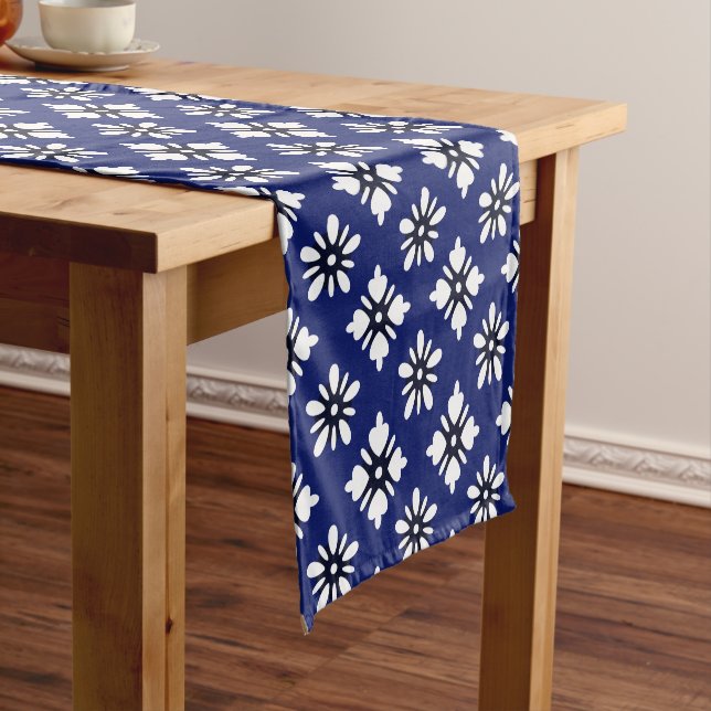 Katazome white flowers on indigo short table runner (In Situ)