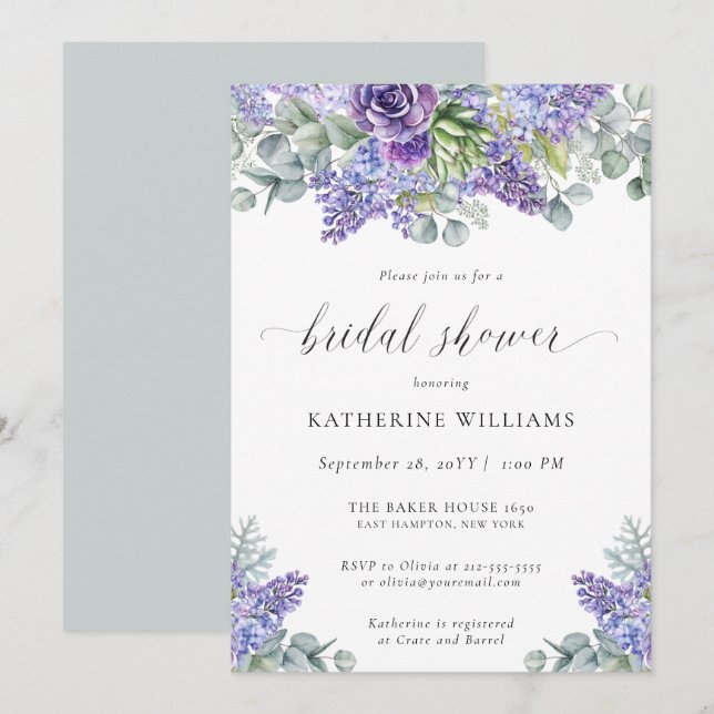 Katherine Elegant Floral Lavender Bridal Shower Invitation (Front/Back)