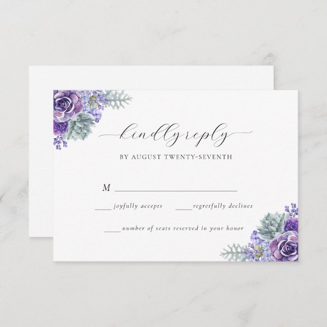 Katherine Purple Floral Script Wedding Carte RSVP (Devant / Derrière)