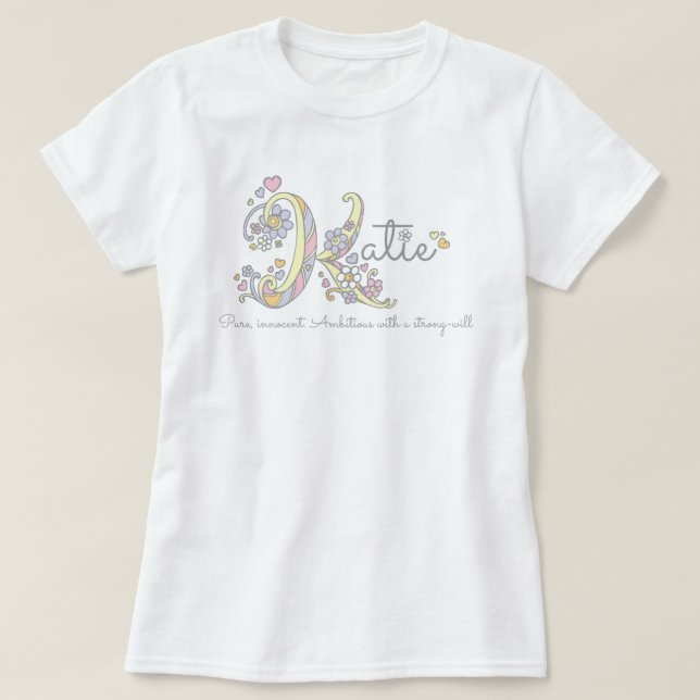 Katie girls name meaning K monogram hearts T-Shirt (Design Front)