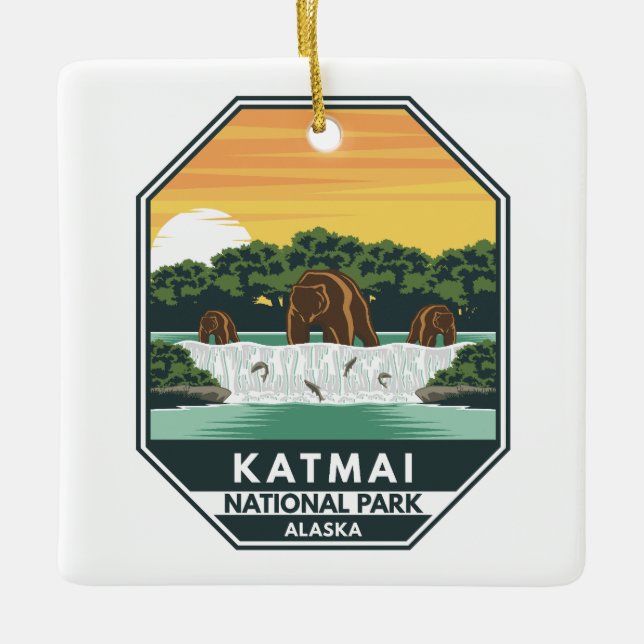 Katmai National Park Grizzly Bears Retro Emblem Ceramic Ornament (Front)