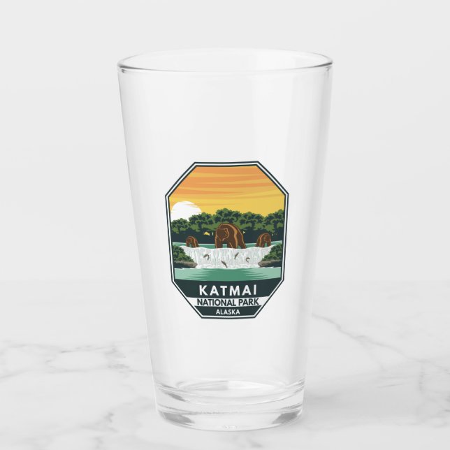 Katmai National Park Grizzly Bears Retro Emblem Glass (Front)