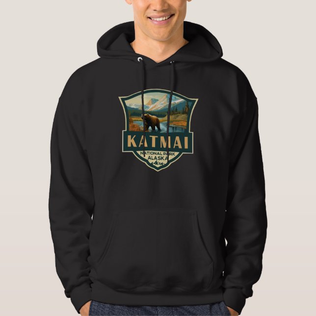 Katmai National Park Illustration Retro Badge Hoodie (Front)