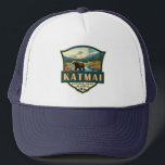 Katmai National Park Illustration Retro Badge Trucker Hat<br><div class="desc">Katmai vector artwork design. The Valley of Ten Thousand Smokes is an area of lava flows and ash formed by a massive volcanic eruption</div>