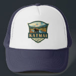 Katmai National Park Illustration Retro Badge Trucker Hat<br><div class="desc">Katmai vector artwork design. The Valley of Ten Thousand Smokes is an area of lava flows and ash formed by a massive volcanic eruption</div>