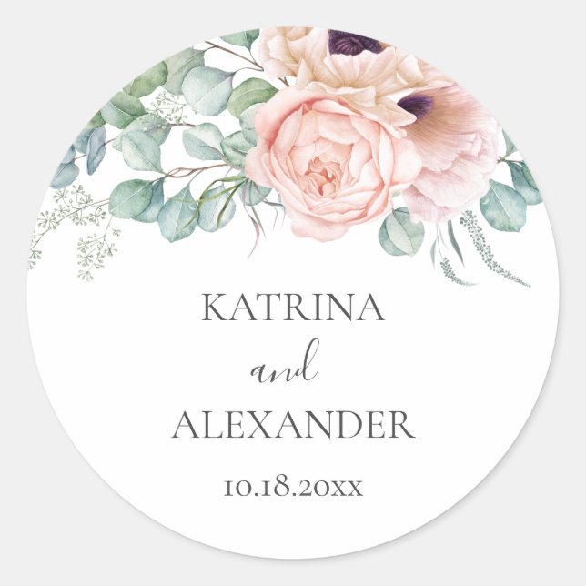 Katrina Floral Pink Boho Chic Wedding Classic Round Sticker (Front)