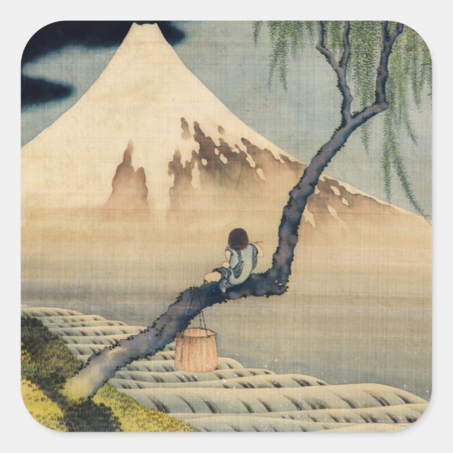 Katsushika Hokusai - Boy Viewing Mount Fuji Square Sticker (Front)