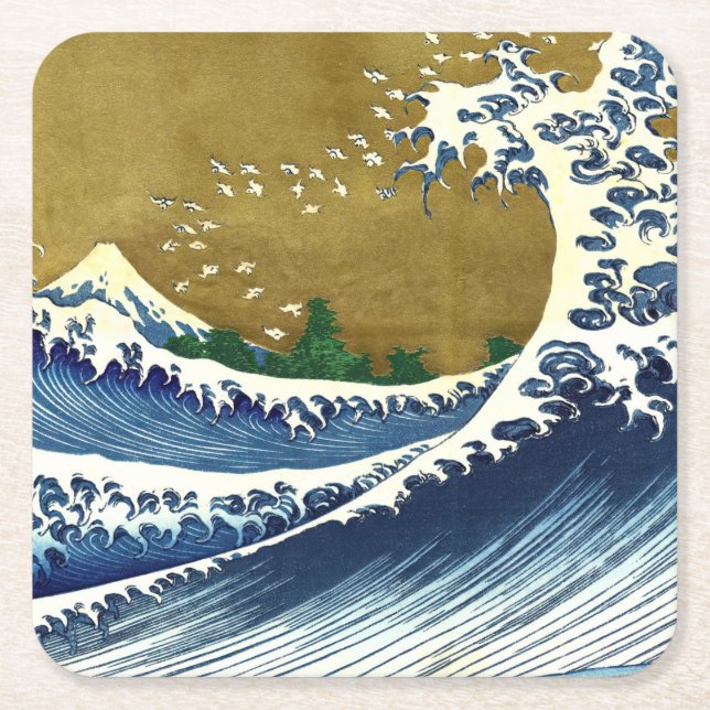 Katsushika Hokusai - Coloured Big Wave Square Paper Coaster (Front)