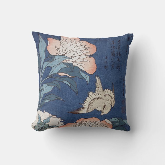 Katsushika Hokusai Peonies and Canary Throw Pillow (Front)