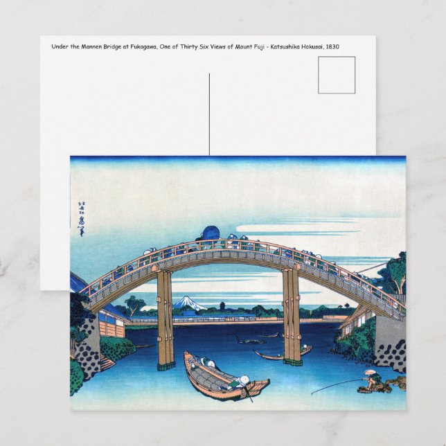 Katsushika Hokusai - Under Mannen Bridge, Fukagawa Postcard (Front/Back)