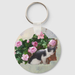 Katze im Rosenbusch Keychain