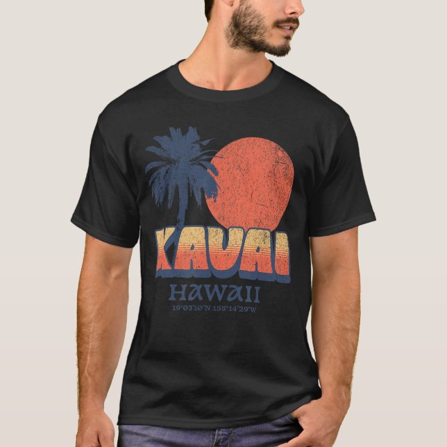 Kauai Hawaii Retro Sunset Palm Tree Cute Hawaiian  T-Shirt (Front)