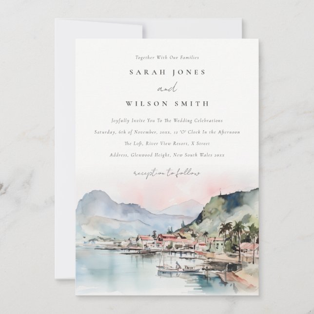 Kauai Hawaii Watercolor Landscape Wedding Invitation (Front)
