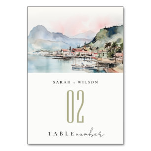 Kauai Hawaii Watercolor Landscape Wedding Table Number