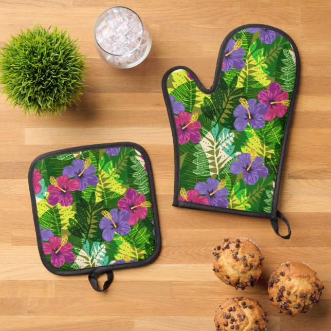 Kauai Jungle Hawaiian Hibiscus and Palms Brights Oven Mitt & Pot Holder Set (Top Down)