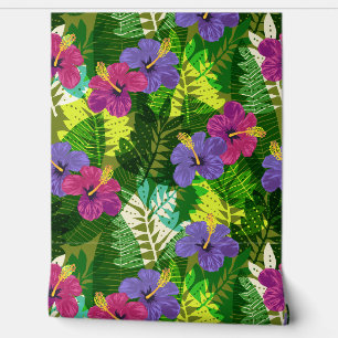Kauai Jungle Hawaiian Hibiscus and Palms -Brights Wallpaper