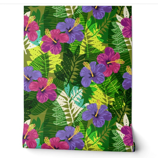 Kauai Jungle Hawaiian Hibiscus and Palms -Brights Wallpaper (Unrolling)