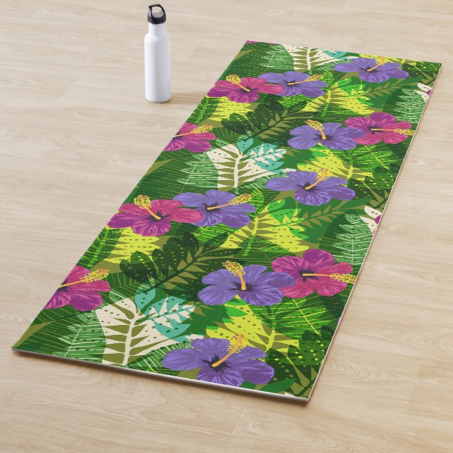 Kauai Jungle Hawaiian Hibiscus and Palms - Fuchsia Yoga Mat (In Situ)