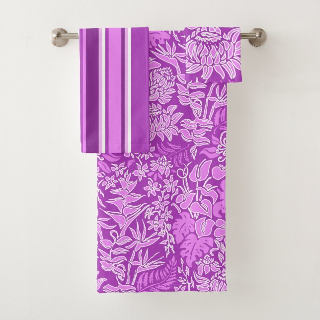Kauai Morning Hawaiian Floral & Stripe Coordinate Bath Towel Set (Insitu)