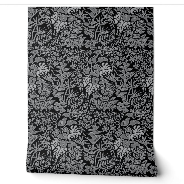 Kauai Morning Hawaiian Protea Floral - Black Wallpaper (Unrolling)