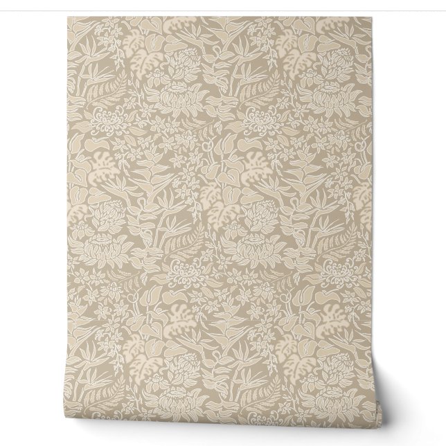 Kauai Morning Hawaiian Protea Floral - Taupe Wallpaper (Unrolling)