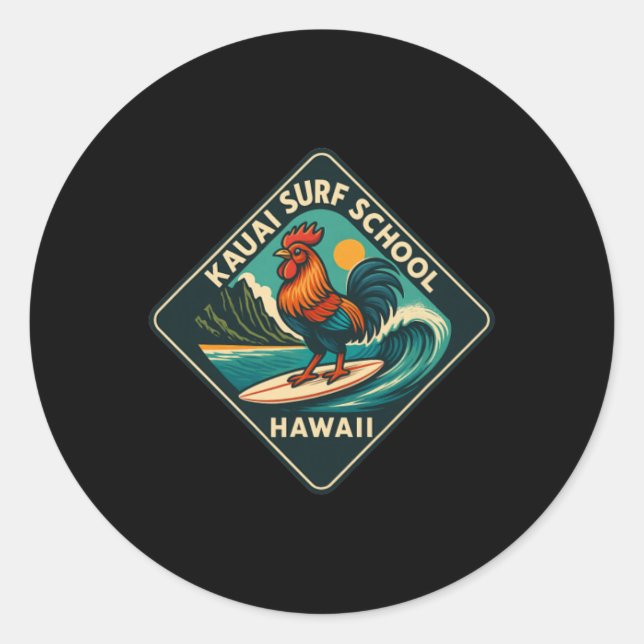 Kauai Surf Rooster Chicken  Classic Round Sticker (Front)